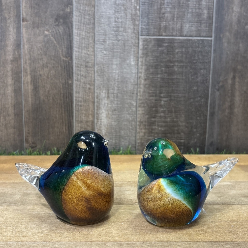 Hand Blown Art Glass Bird Paperweights Set of 2 Blue Green Amber Figurines